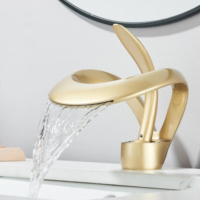 Brushed Gold Bathroom Sink Faucet Single Handle Waterfall Spout Vanity Mixer Tap