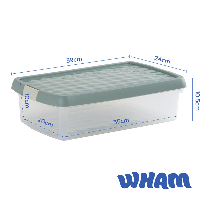 Wham Clip 3x 7L Rectangular Plastic Storage Boxes with Secure Clip Lock Lids. L:39 x W:24 x H:10.5cm Clear/Green Milieu/Stone
