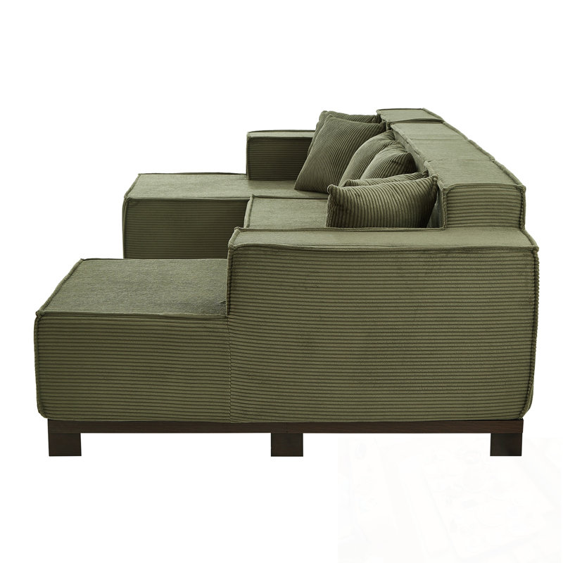 U-Shaped Sectional Sofa With RGB LED Light Strip And 6 Pillows, Green Corduroy