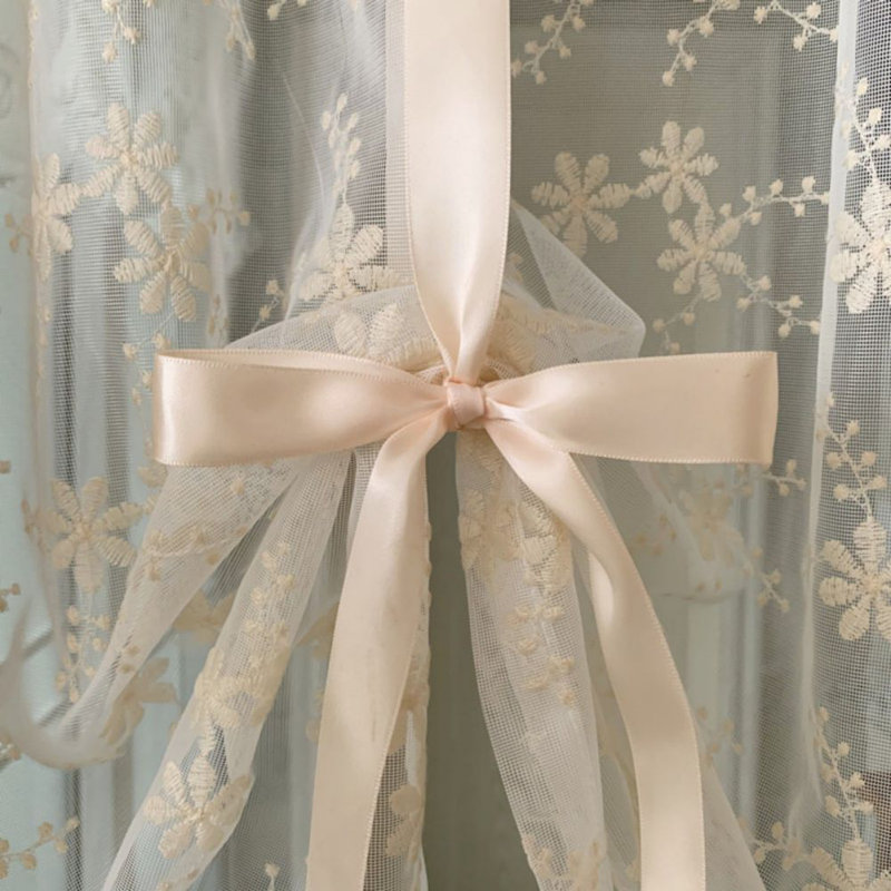 Floral Embroidered  Lace Sheer Curtain, 1 Panel Light Filtering Self-Adhesive Bowknot Tie-Up Sheer Curtain for Small Windows & Wedding Decor