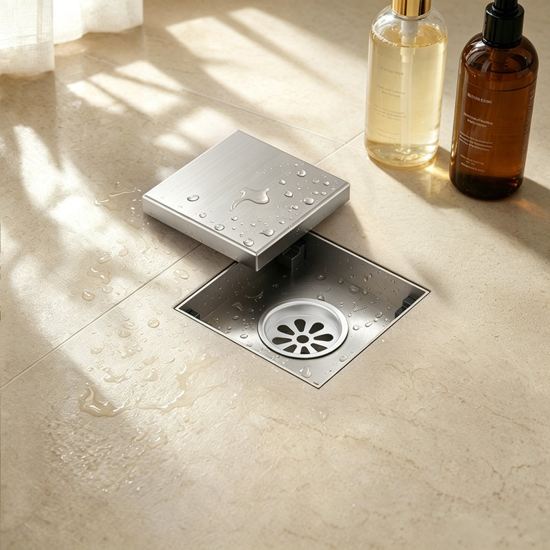 3.94" Square Tile-In Shower Drain with Reversible Cover, Brushed Nickel