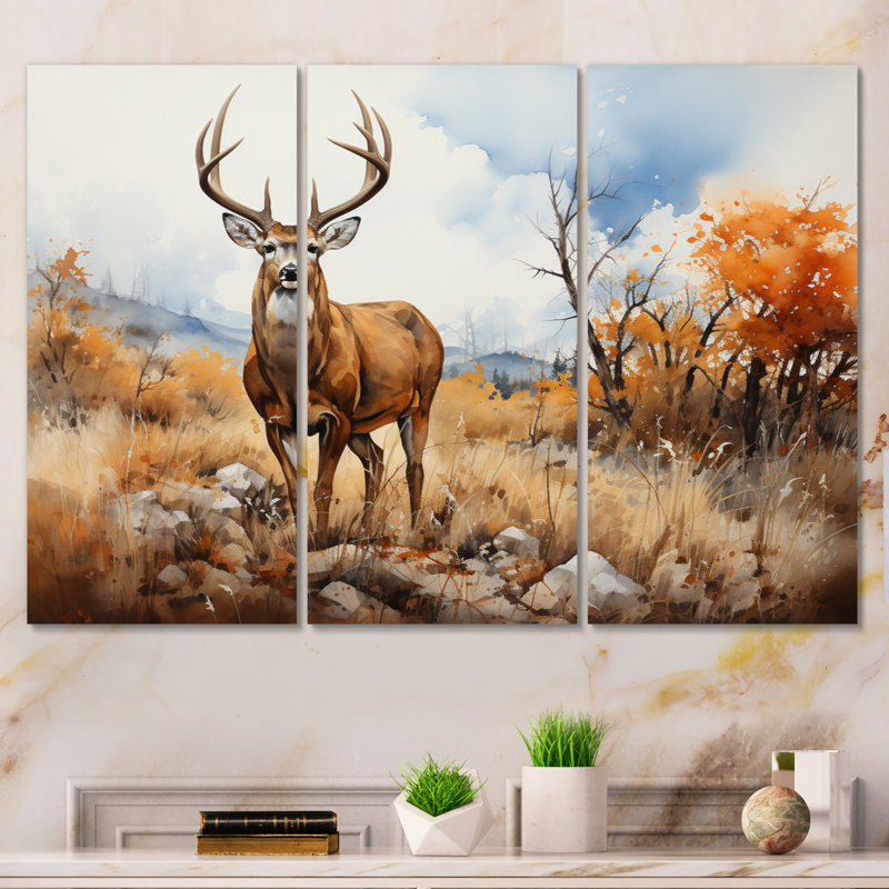 Cerf doré sérénité sur toile, 3 pièces, H 40 po x l 60 po x P 1 po