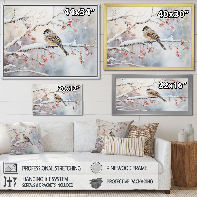 «Winter Snowy Bird Charm Landscape», art mural neige, Cadre simple blanc, H 24 po x l 32 po x P 1 po