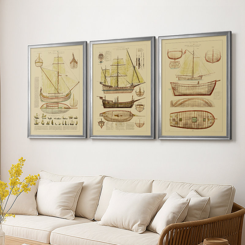 Antique Ship Plan I - Toile tendue avec châssis sur mesure - 3 pièces, Argent argent, H 19 po x l 27 po