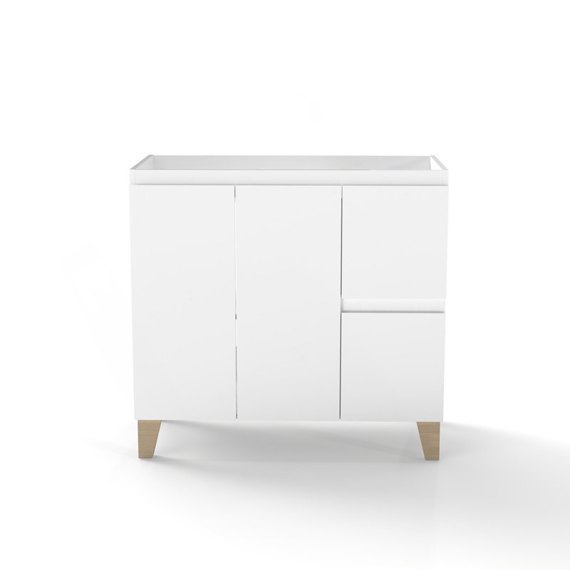 Meuble-lavabo moderne de 36 pouces, armoire avec 2 portes et 2 grands tiroirs, système de fermeture en douceur, conception sans poignée, pieds en bois massif naturel, seulement Cabiney, à utiliser avec un lavabo en céramique de 36 pouces, blanc brillant