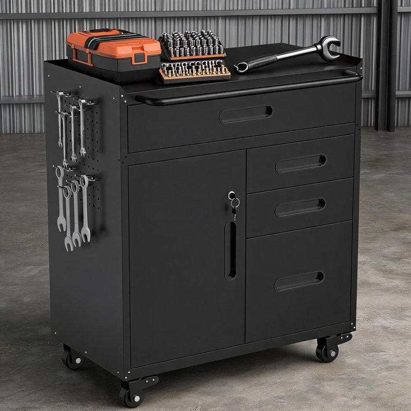 Armoire à outils mobile verrouillable à quatre tiroirs avec roulettes en acier pour le rangement d'atelier et de garage