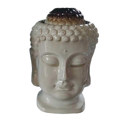 Outdoor Fountain With LED Lights, 18.75"H Zen-Style Buddha Head Tabletop/Floor Fountain, Sand Beige Textured Ceramic