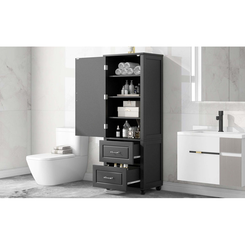 Black Painted MDF Tall Bathroom Storage Cabinet, Freestanding Unit With 2 Drawers & Adjustable Shelf, Black