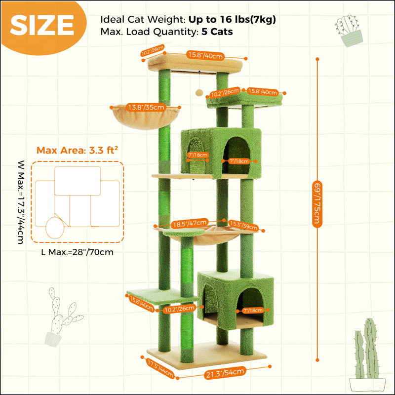 69" Tall Green Sisal and Plush Cat Tree with Hammocks