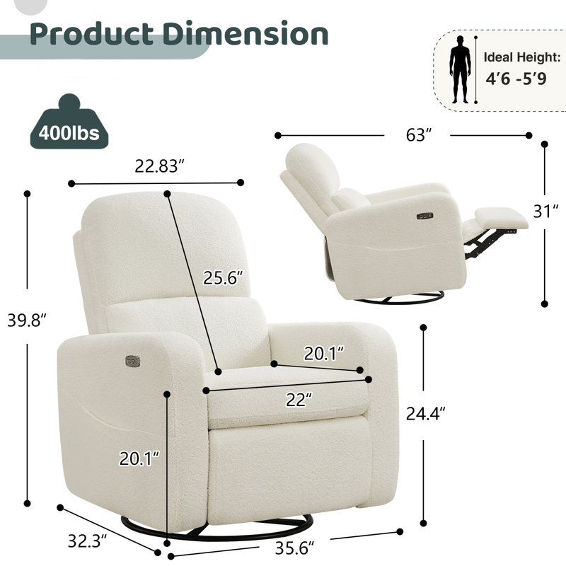 Breh 36" Modern Upholstered Teddy Boucle Power Swivel and Rocker Glider Recliner with USB and Type-C Port, Swivel Nursery Glider Recliner Wider Armrest and Double Pocket