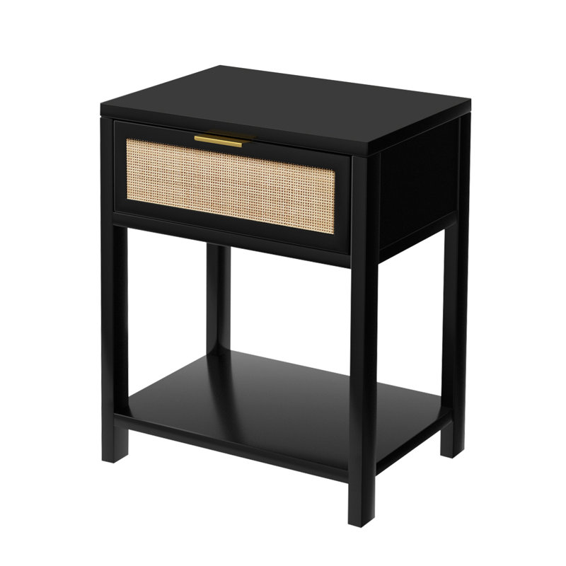 Wood Nightstand Mid-Century Modern End Table with Storage Drawer Rattan Bedside Table