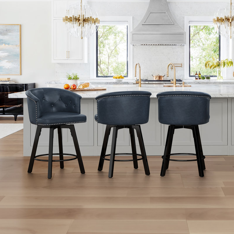 Swivel Counter Stool With Upholstered Seat And Metal Frame  Set Of 3, Navy Blue