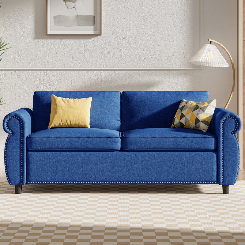 Canapé-lit Queen avec mousse mémoire et garniture cloutée, Blue, 30" H x 81" W x 29" D