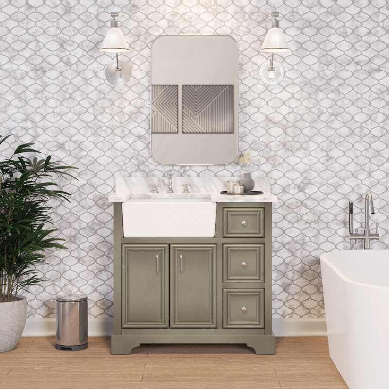 Emiliano 36'' Single Bathroom Vanity with Top, Carrara Marble, Weathered Gray