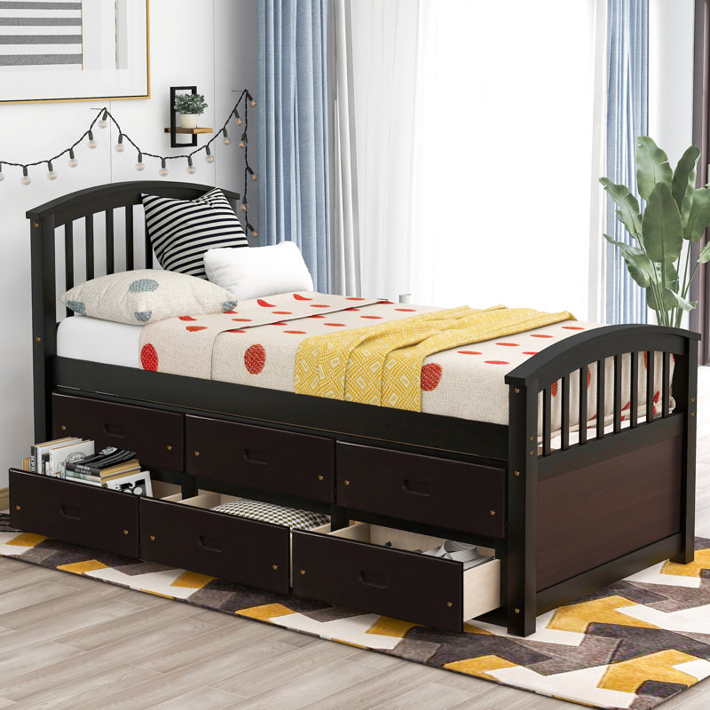 Lit simple en pin massif avec tiroirs, ton, base de matelas à 10 lattes, apte à