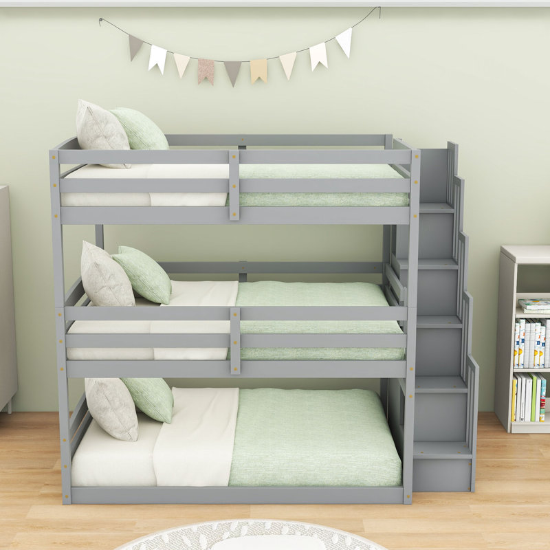 Triple Bunk Bed With Storage Staircase, Gray