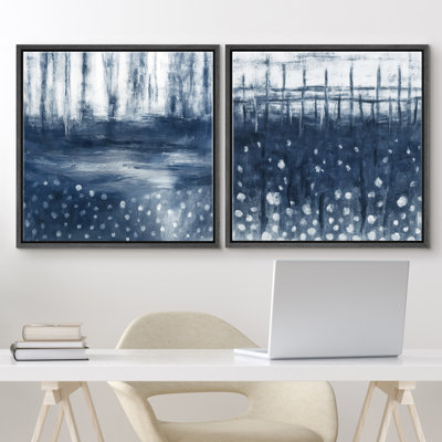 Indigo Blue Contemporary Abstract Wall Decor Set Framed Master Bedroom Wall Art Work 2 Pieces Print