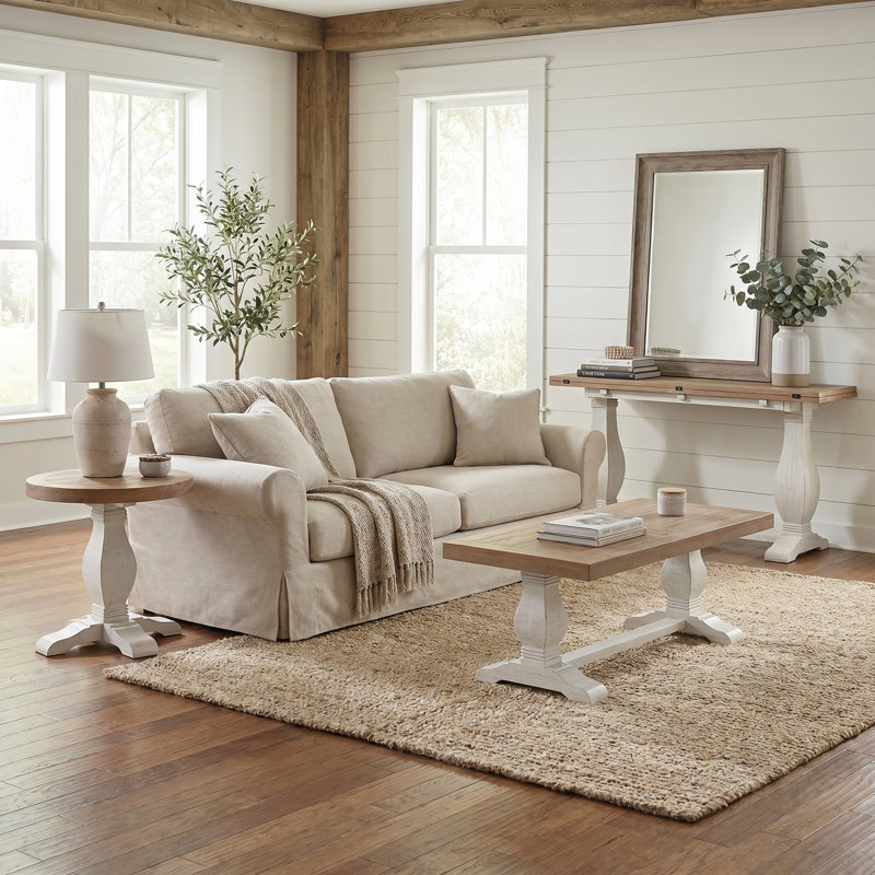 Sarcoline Solid Wood Pedestal Coffee Table, Driftwood/White