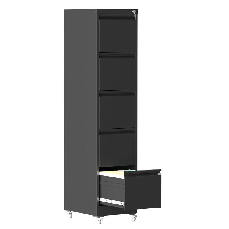 5 Drawer Metal Vertical File Cabinet With Lock On Wheels For Home Office,Heavy Duty Metal Storage Cabinet For A4/Letter/Legal Size Files, 17.71"D*15.16"W*64.17"H