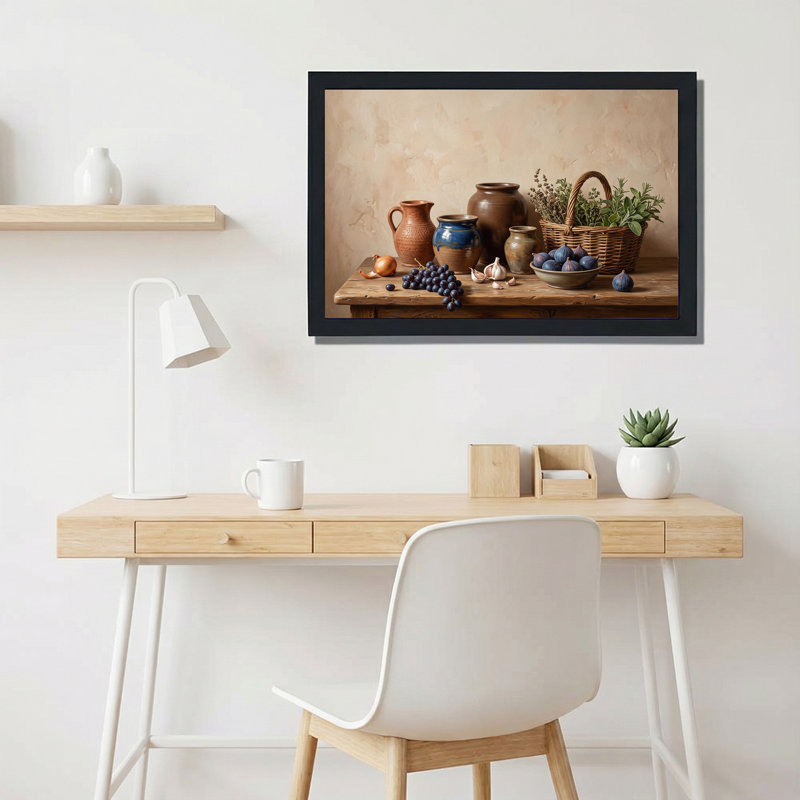 Tableau sur toile représentant une poterie rustique et des figues violettes sur une table en bois, 20"H x 30"W