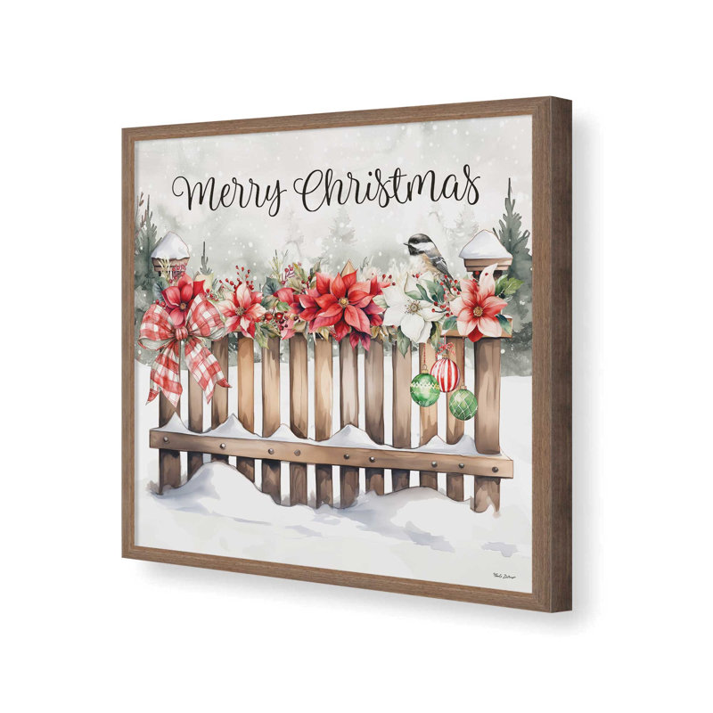 «Merry Christmas Fence» par Nicole DeCamp, reproduction d'art, L 20 po x H 20 po, Brun, Impression encadrée
