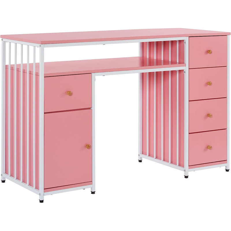 Desk with Drawer and Storage Cabinet, Makeup Vanity Desk with Metal Frame, Pink