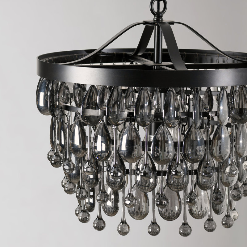 Black Glass Droplet Tiered Chandelier with Iron Frame