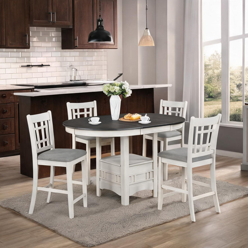 Ensemble de salle à manger 5 pièces à hauteur de comptoir avec revêtement gris clair et table extensible au fini gris craie