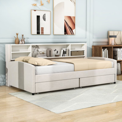 Twin Two Drawers Wood Upholstered Daybed with Storage Shelves by Lark Manor