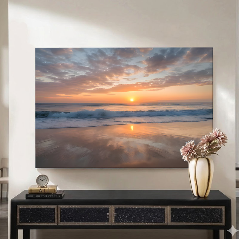 «Sunset Beach Waves», impression sur toile encadrée