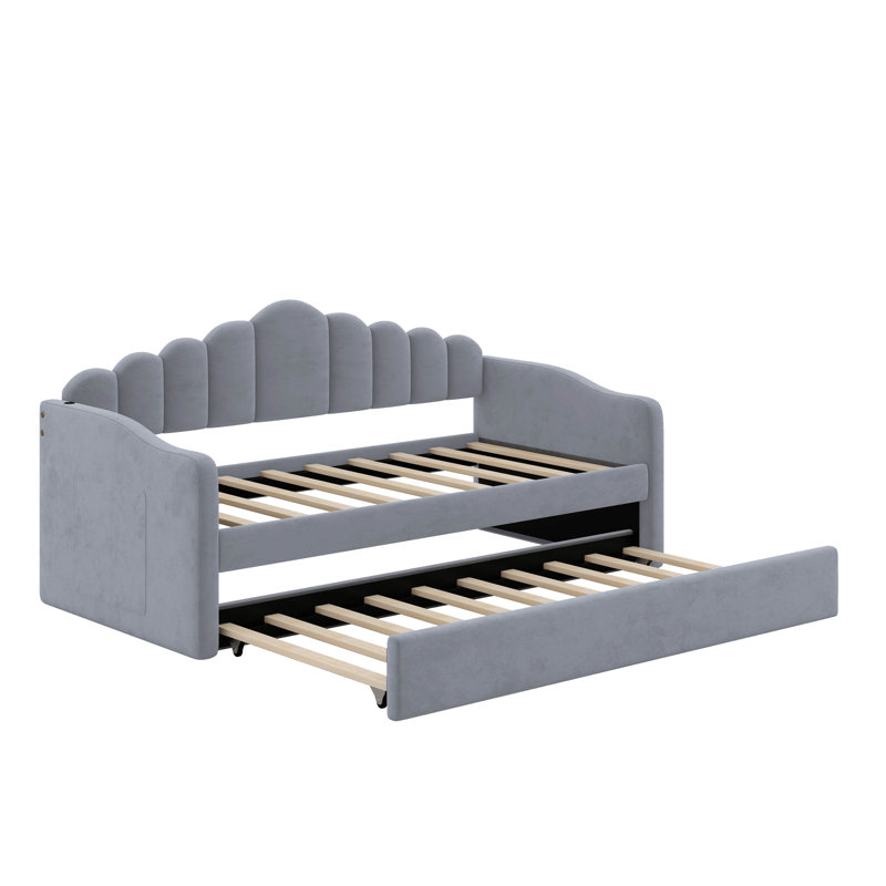 Lit de jour simple tapissier avec lit gigogne et port USB, Gris