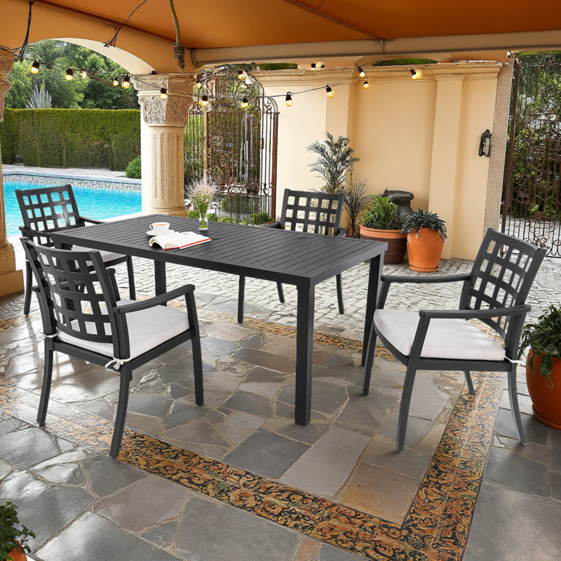 Ensemble repas 5 pièces pour l'extérieur en aluminium avec coussins - 4 places