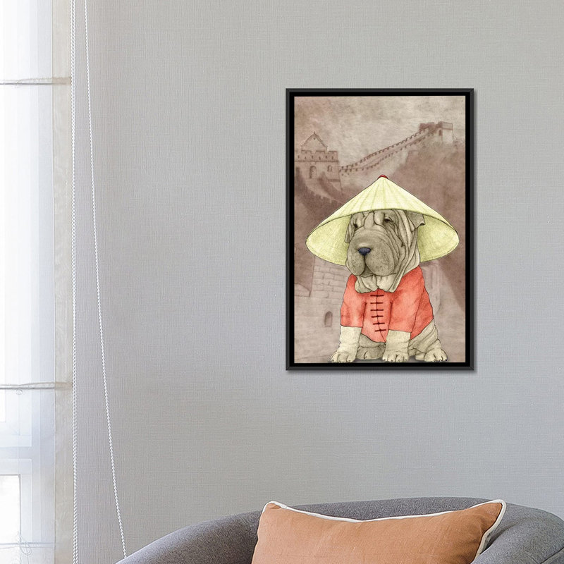 «Shar Pei With The Great Wall» par Barruf, impression sur toile tendue, H 26 po x l 18 po x P 1,5 po, Toile avec cadre noir