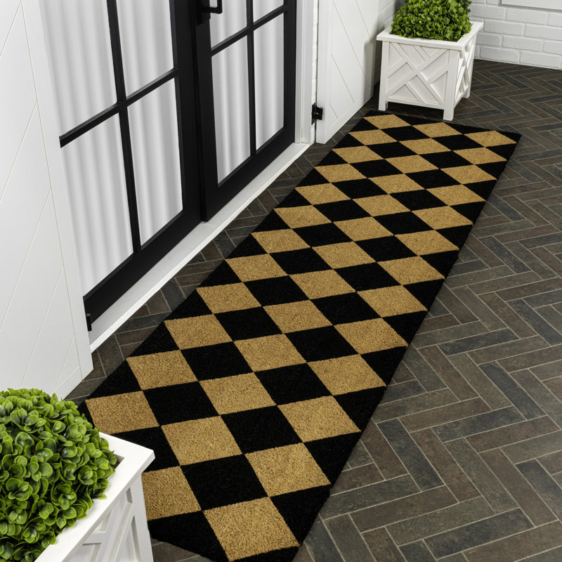 Paige Modern Classic Diamond-Patterned Coir Natural/Black Indoor/Outdoor Doormat, 26" W x 96" L