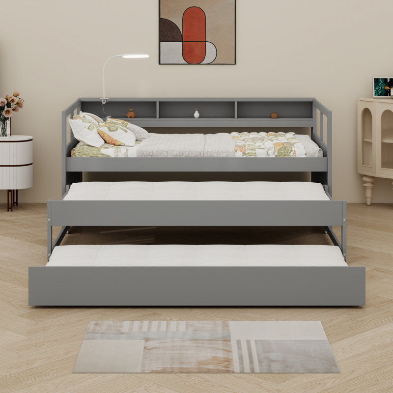 Lit de jour en bois avec 2 lits gigognes, tablettes de rangement, 1 lumière gratuite et conception de chargement USB, gris