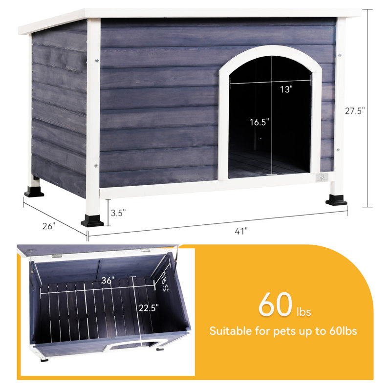 Grande niche pour chien d'extérieur en bois, Gris clair, H 27,5 po x l 41 po x P 26 po