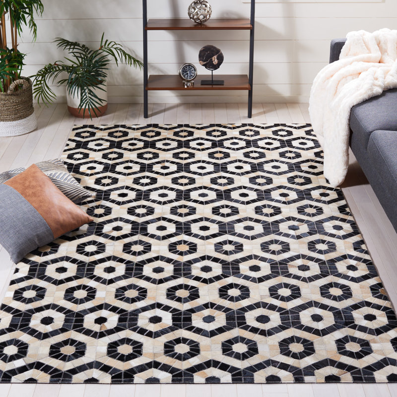 Studio Leather Flat Weave Hair On Leather Geometric Rug, Runner 2'3" x 9'