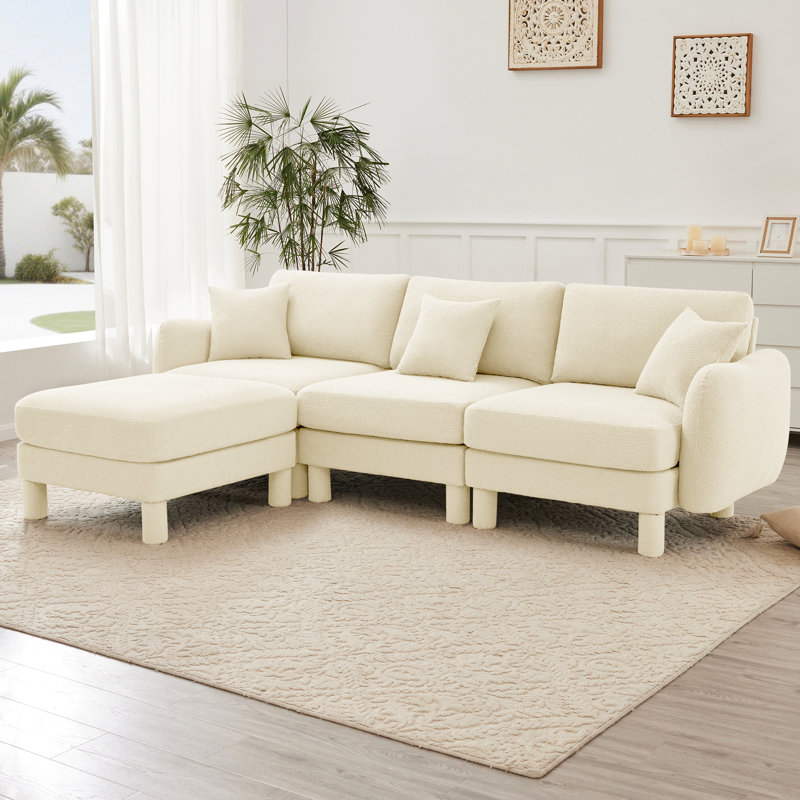 Tissu convertible en forme de L avec 3 pieds cylindriques en forme de coquillage, amovibles et auto-enveloppés, beige, style contemporain pour la détente dans la chambre à coucher, fabrication, rembourrage en mousse de siège confortable