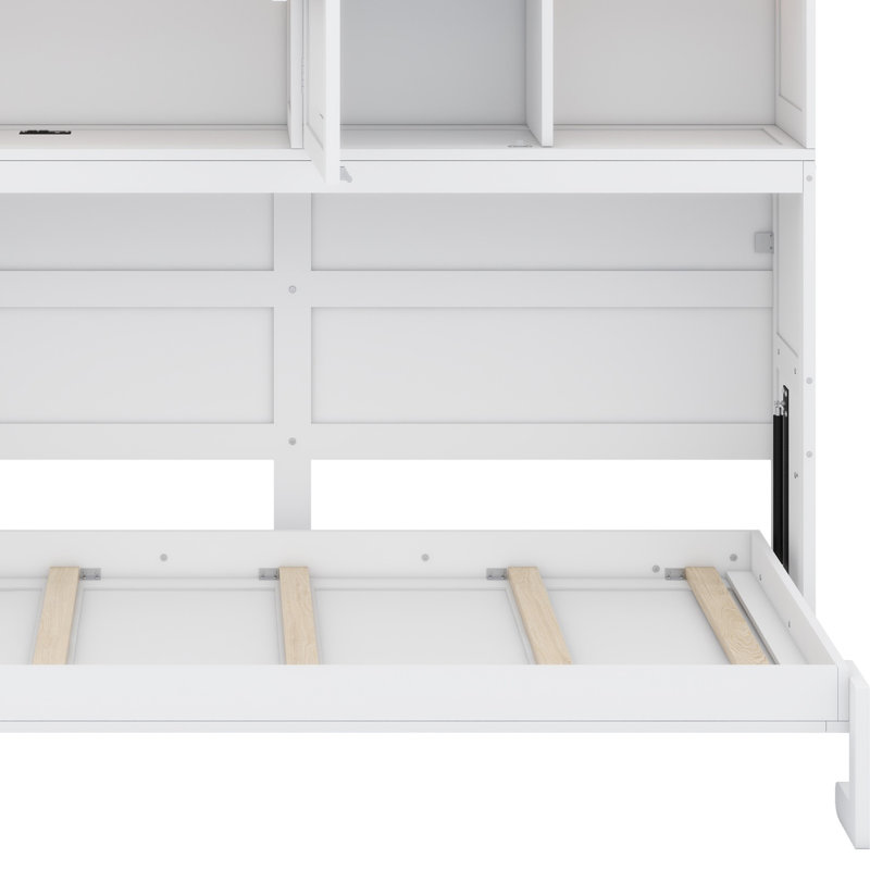 Lit escamotable avec armoire supérieure, tablettes, lit pliable peu encombrant avec éclairage et port USB, Blanc