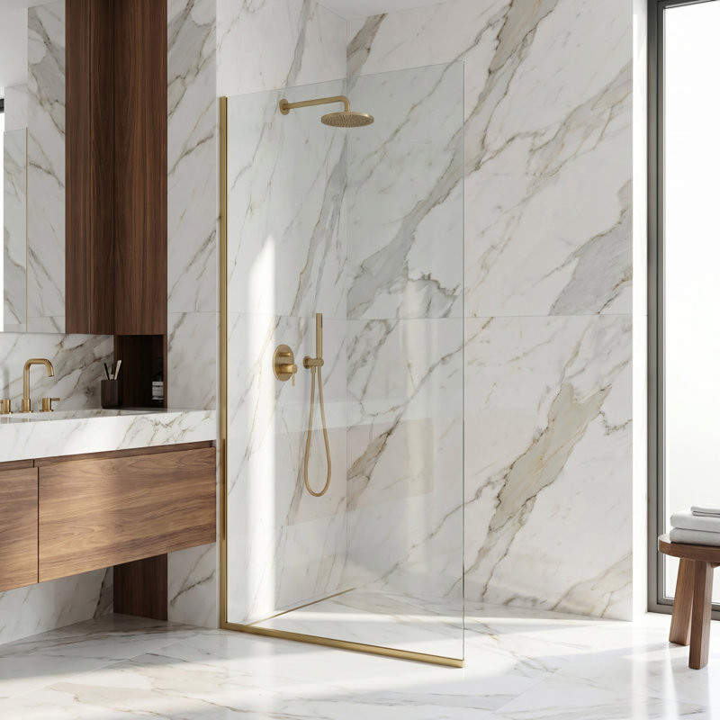 Paroi de douche fixe sans cadre de l 34 po x H 74 po avec verre de 3/8 po Zenith, Matte Gold Clear 