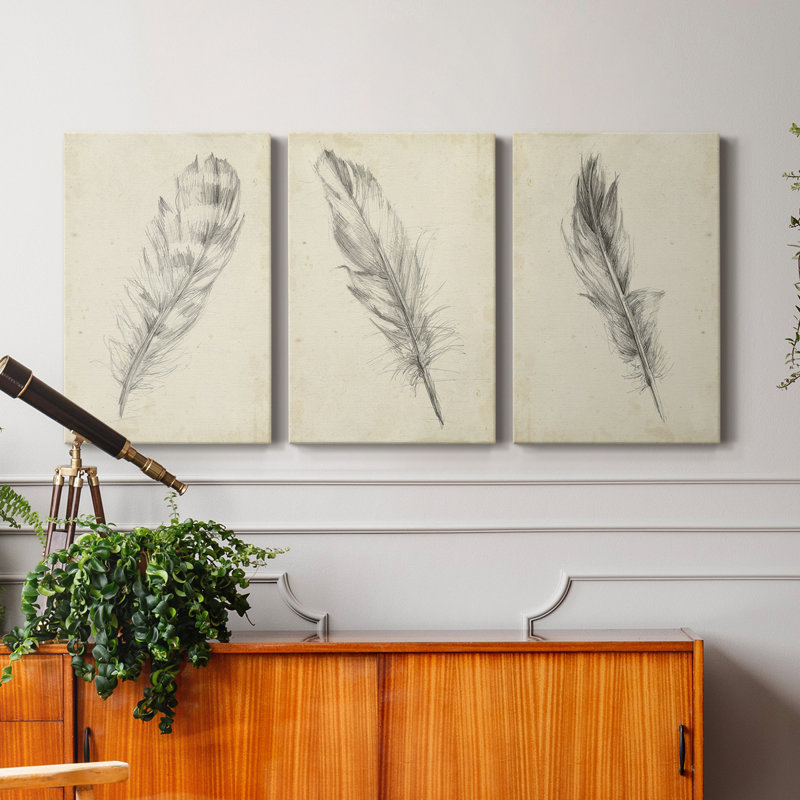 Plume d'esquisse II - ensemble de 3 reproductions d'art sur toile tendue, H 27 po x l 48 po x P 1 po