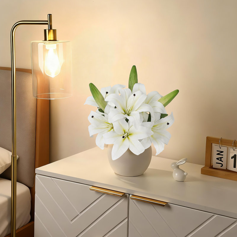 Artificial Tiger Lilies Flowers in Ceramic Vase, White