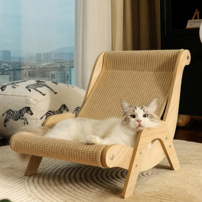 2-in-1 Wooden Cat Lounge Chair with Natural Sisal Scratching Surface, Sturdy Plywood Frame Furniture Protector Cat Scratcher Bed Holds Up To 110 Lbs, Multiple Sizes Natural Wood Tone