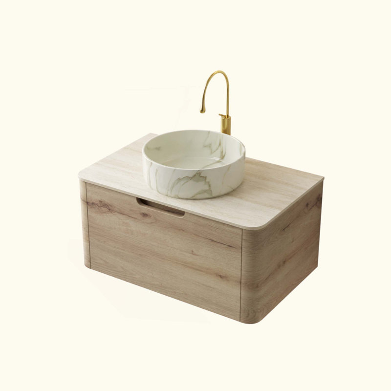 Meuble-lavabo de salle de bain avec lavabo, armoire de rangement en contreplaqué flottant avec tiroir, lavabo en céramique avec motif en pierre et plateau en pierre frittée à motif travertin, pré-assemblé