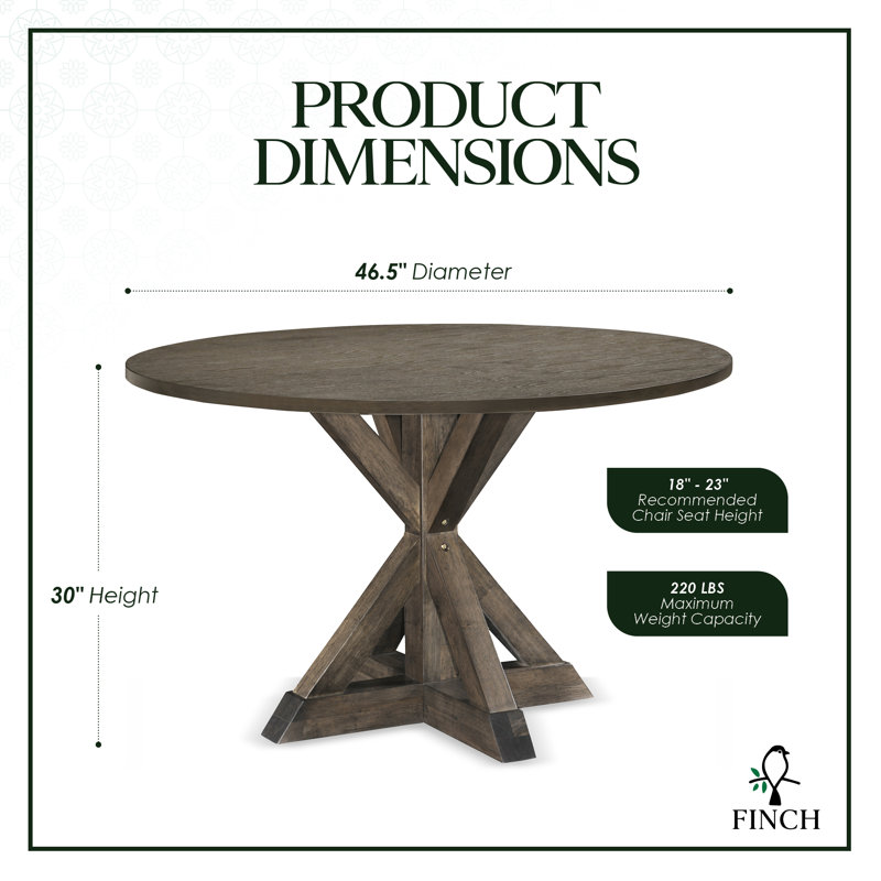 Finch Alfred Round Rustic Solid Wood Dining Table with X-Base, Seats 4, Rustic Brown
