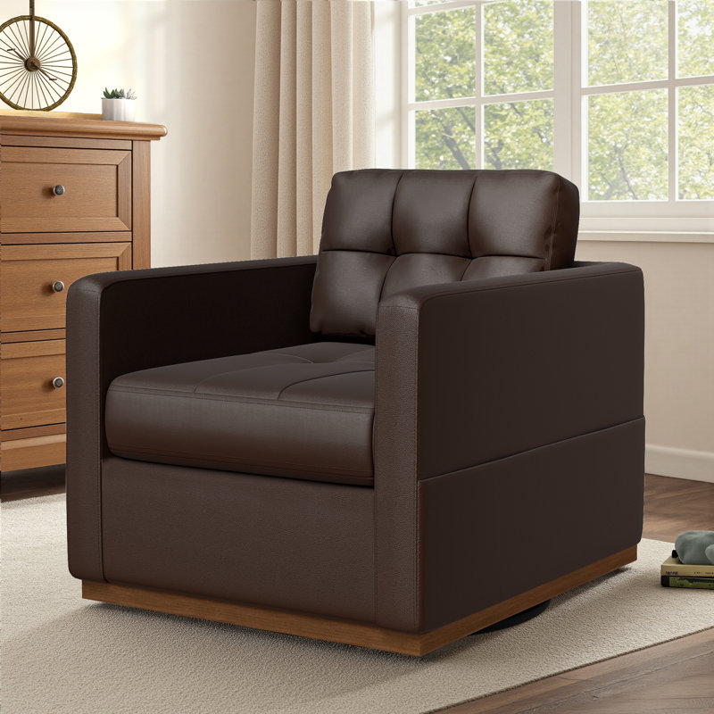 34.3″ Wide Leather Swivel Armchair with Wood Base, Coffee With Wood Base