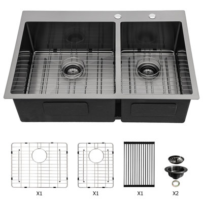 33"X22" Gunmetal Black 16 Gauge Double Bowl Drop In Sink With 10" Deep Basins, 50/50 Design For Enhanced Kitchen Efficiency, Hand - Crafted Rear 3.5 Drain, X Grooves Quick Water Drainage, 3Mm Sound
