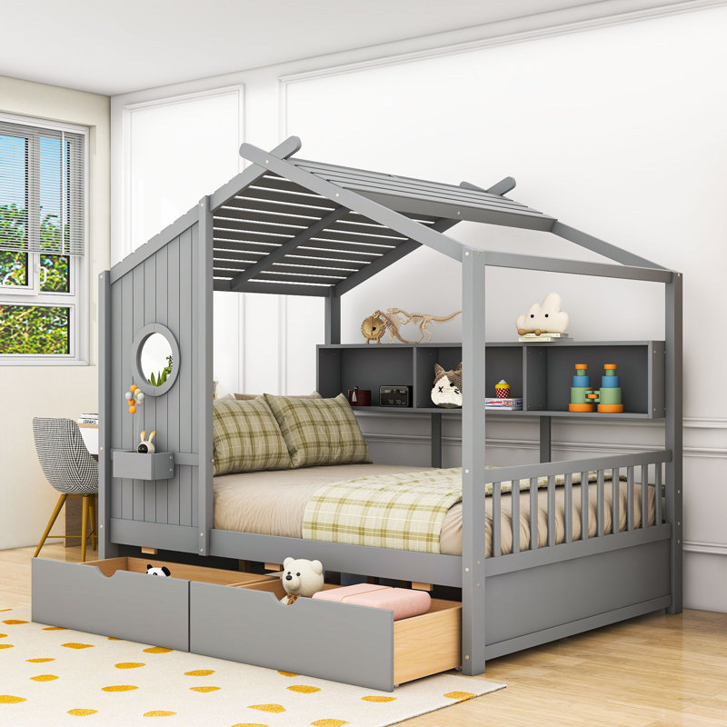 Wooden House Bed With Roof Design, Built-In Storage Shelves And Drawers, Gray, Full