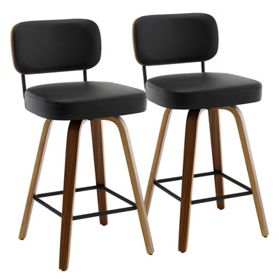 74CM Seat Height Swivel Bar Stools, Faux Leather & Walnut Bentwood 