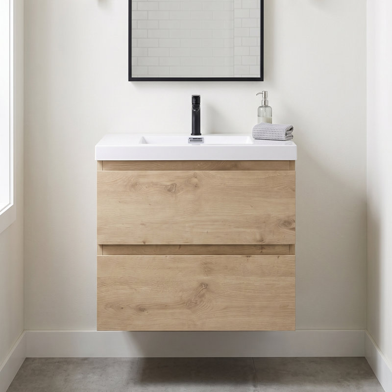 Meuble-lavabo suspendu flottant en mélamine de 24 po avec lavabo intégré en résine, armoire de salle de bain en bois naturel avec tiroirs à fermeture douce et poignées supprimées